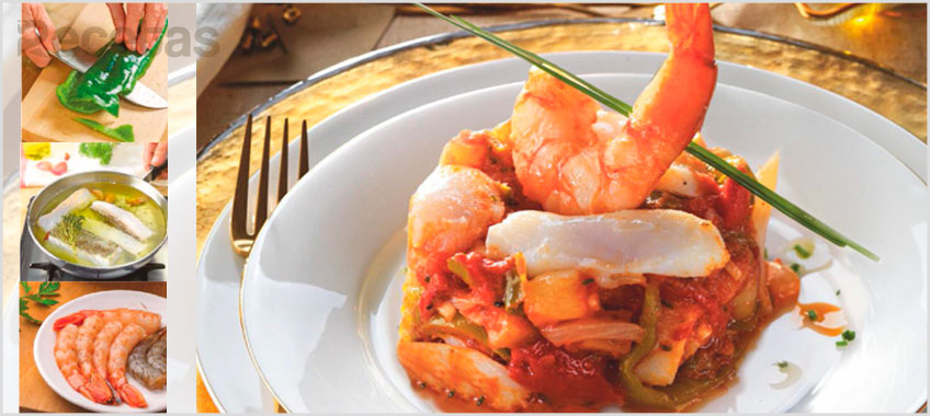 Bacalao al ajoarriero con langostinos